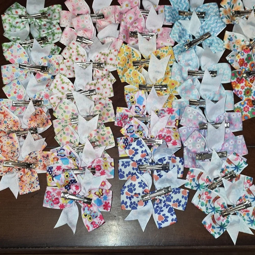 (J20) 34 Total Each, Colorful Floral Patterned Hair Bows Clips for Kids